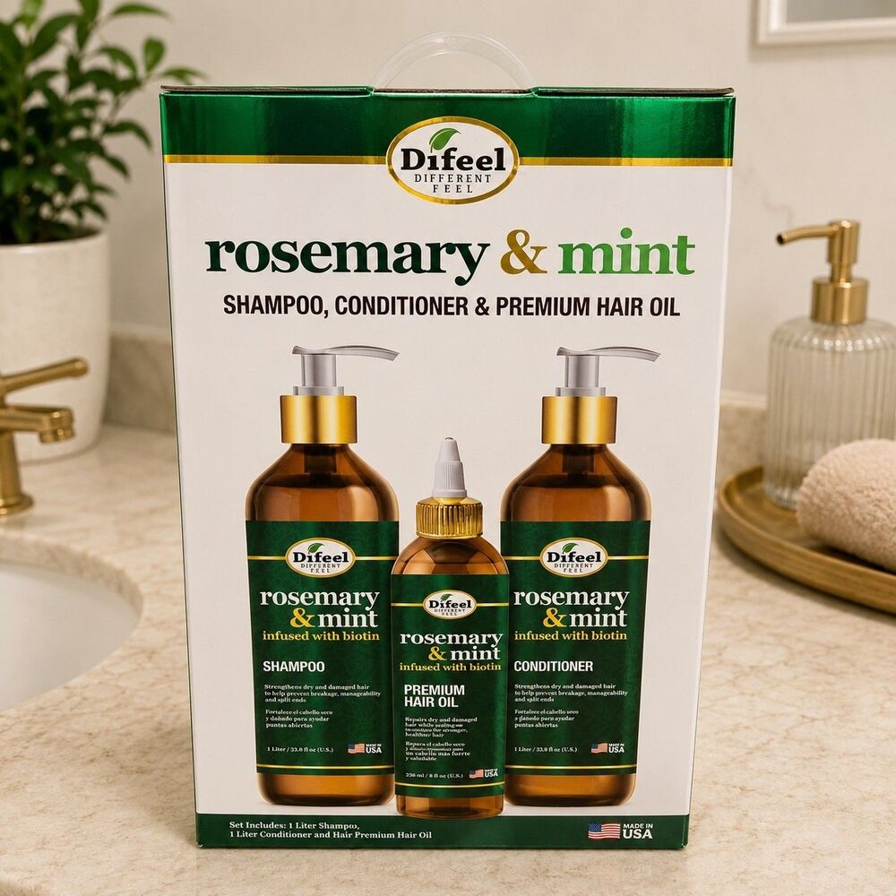 Set of 3 Difeel Rosemary Mint Shampoo Conditioner Liter Hair Oil 8oz Dry Scalp
